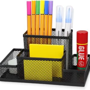 Porta Lápis Organizador de Mesa Caneta Clips Lembrete Multifuncional em Metal Preto com Divisórias para Escritório, Escola e Home Office