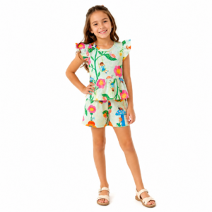 Conjunto Canelado Infantil Menina Verão - Blusa + Shorts Estampas Divertidas - Tam: 08