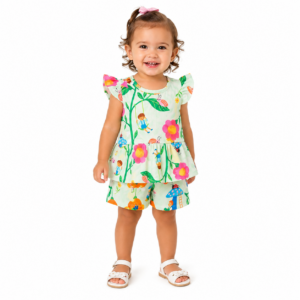 Conjunto Canelado Infantil Menina Verão - Blusa + Shorts Estampas Divertidas - Tam: 02