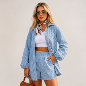 Conjunto Feminino Linho Listrado Camisa Manga Longa + Shorts - Azul - Tam: G