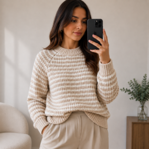 Blusa Feminina Tricô Plush Manga Longa - Beje