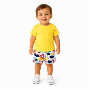 Conjunto Infantil Menino Verão - Camiseta 100% algodão Amarelo + Bermuda Tactel Estampada - Tam: 02