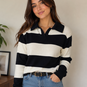 Blusa Feminina Listrada Polo Manga Longa - Preta e Branca